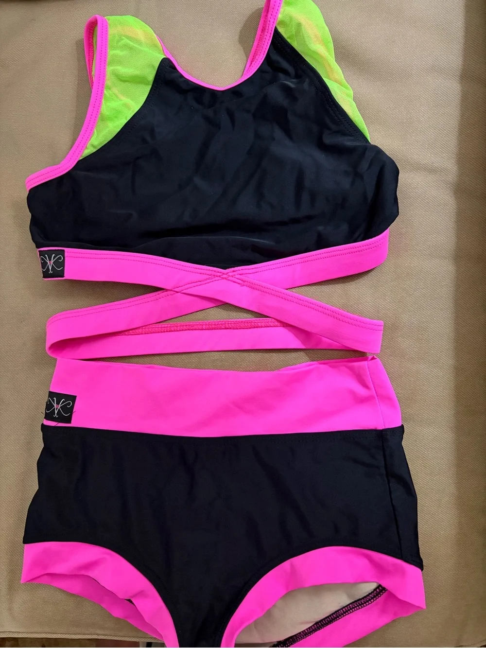 Kandi Kouture Dancewear 2 Piece Set Neon Pink Black Green TXS 0/2